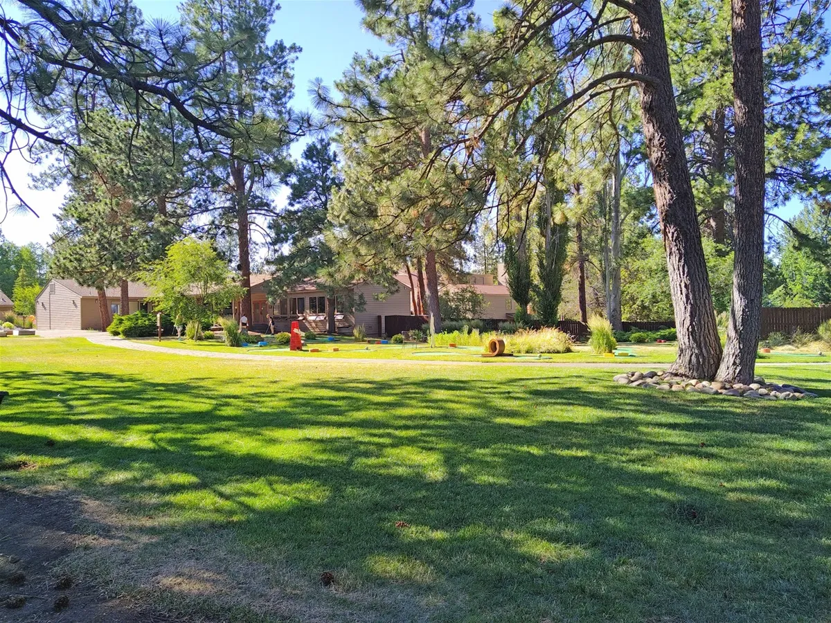 A lush green lawn framed by mature trees with a garden area in the foreground and a house in the background. The expansive outdoor space exudes peace and is ideally suited for relaxing, playing, or exploring with a pet.